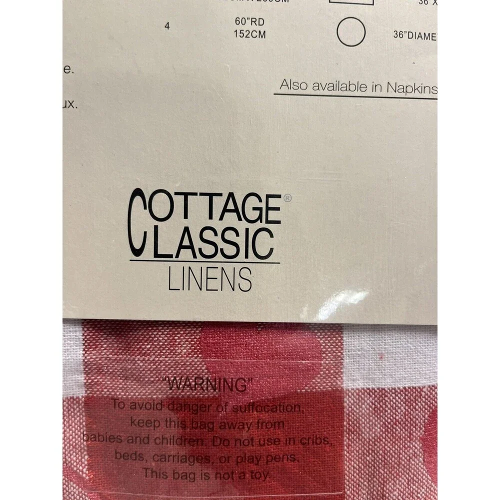 Cottage Classic Linens Red White Plaid Hearts Tablecloth 52”x70” Oblong